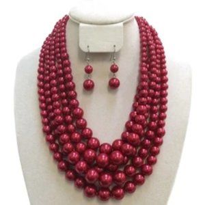 RED 5 Layer Pearl Beaded Necklace Set